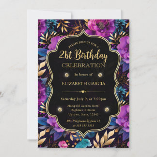 Aquarellfarben Lila und Gold Blume 21. Geburtstag Einladung