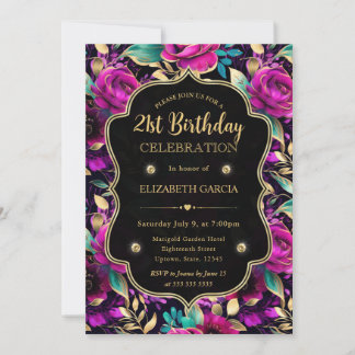 Aquarellfarben Lila und Gold Blume 21. Geburtstag Einladung
