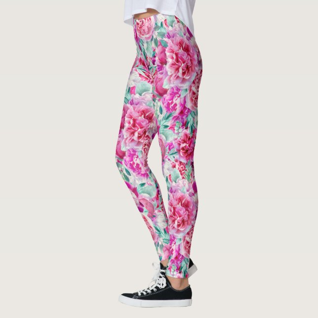 Aquarellfarben Lush Pink Peonies & Green Aquamarin Leggings (Links)