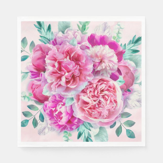 Aquarellfarben Lush Pink Peonies & Green Aquamarin Serviette (Vorderseite)