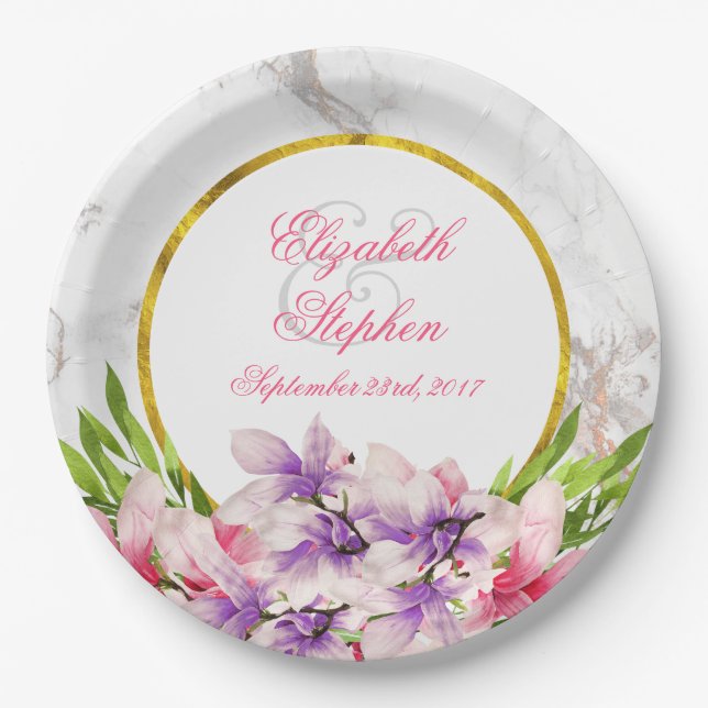 Aquarellfarben Magnolien, Imitate Marmortextur Hoc Pappteller (Vorderseite)