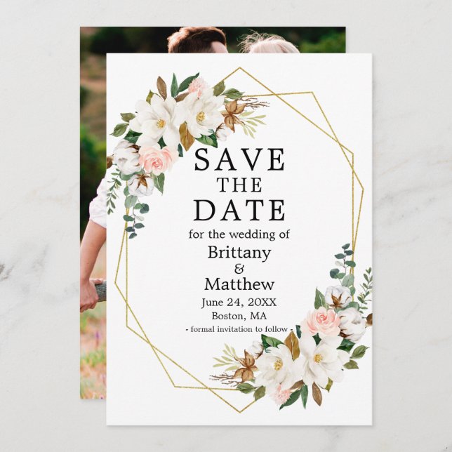 Aquarellfarben Magnolien Rosenrosen Georahmen Foto Save The Date (Vorne/Hinten)