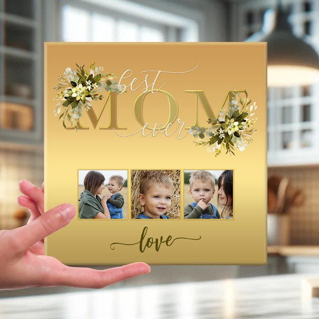 Aquarellfarben - Mama Collage Tile Fliese (Elegant Mom love photo template tile with watercolor flowers on gold - script - Mother's Day)