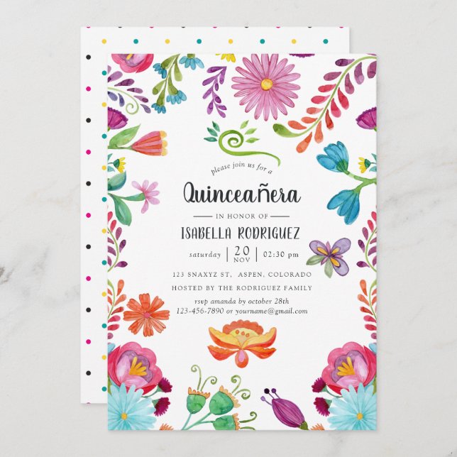 Aquarellfarben mexikanische Fiesta Quinceañara Einladung (Vorne/Hinten)