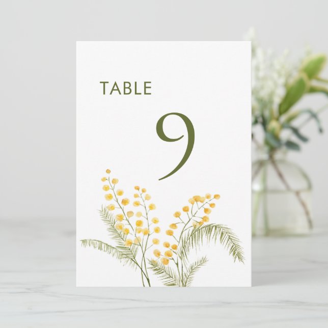 Aquarellfarben Mimosa Blume Hochzeit Tischnummer (Stehend Vorderseite)