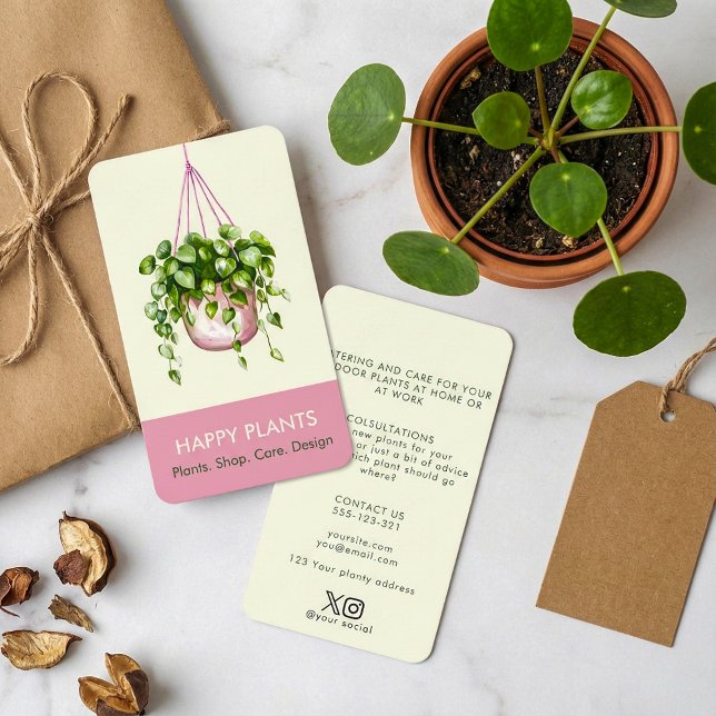 Aquarellfarben mit Pflanze Rosa und Creme Visitenkarte (Watercolor Hanging Plant Pink and Cream Business Card.)