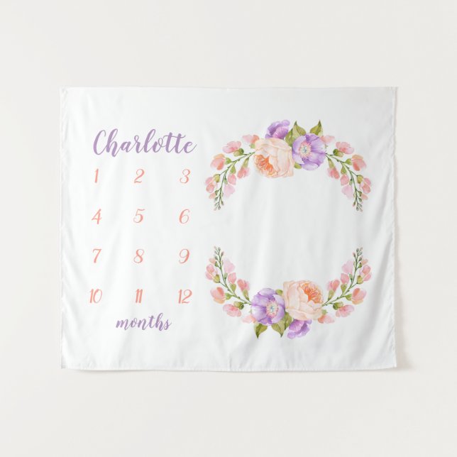 Aquarellfarben-Monogram-Baby-Meilenstein-Foto Wandteppich (Vorderseite (Horizontal))