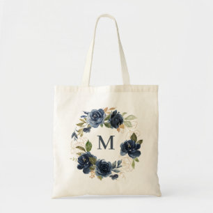 Aquarellfarben Navy Blue Rose Blumenreath Monogram Tragetasche