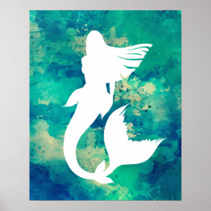 Aquarellfarben Ocean Hues Meerjungfrau Silhouette Poster