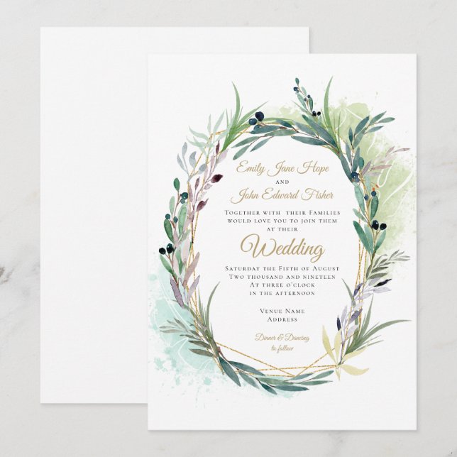 Aquarellfarben Olive Blätter Geometrische Hochzeit Einladung (Vorne/Hinten)