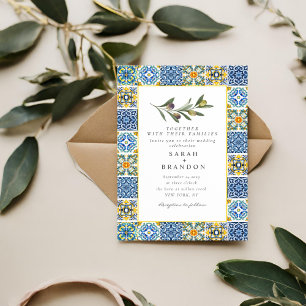 Aquarellfarben Olive Blue tile Mediterrane Hochzei Einladung