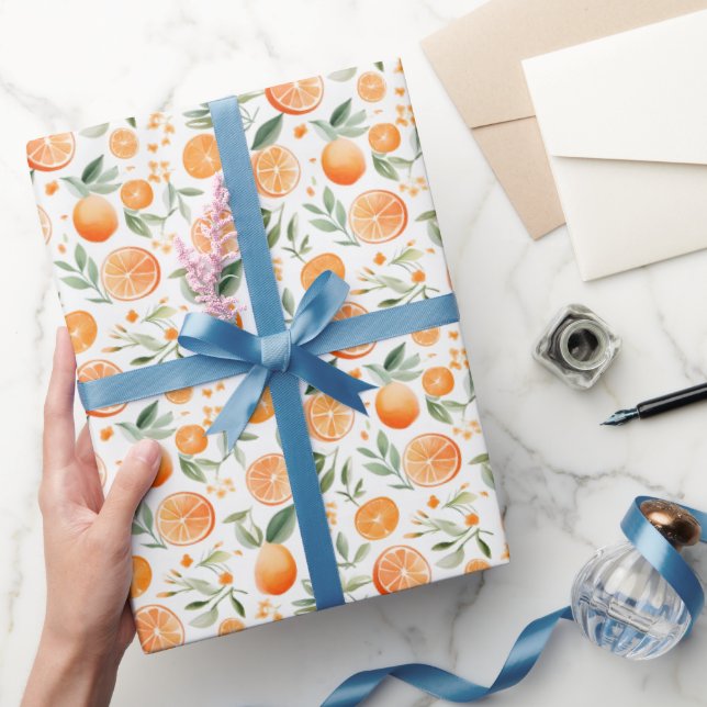 Aquarellfarben Orange & Blätter auf Weiß Geschenkpapier (Schenken)