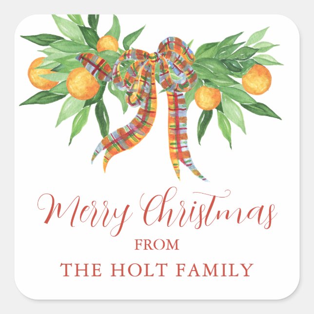 Aquarellfarben Orange Kariert Bow Weihnachten Quadratischer Aufkleber (Vorderseite)
