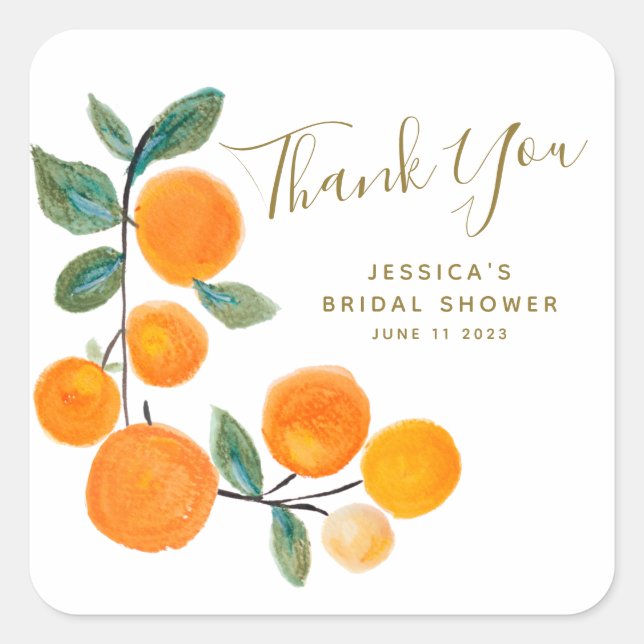 Aquarellfarben Orange Rustic Danke Brautparty Quadratischer Aufkleber (Vorderseite)