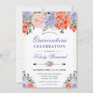 Aquarellfarben Orange und Purple Blumen Quinceaner Einladung