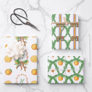 Aquarellfarben Orangen Kariert Bow Weihnachtsmonog Geschenkpapier Set