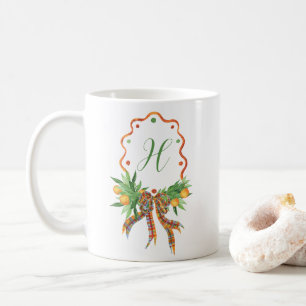 Aquarellfarben Orangen Kariert Bow Weihnachtsmonog Kaffeetasse
