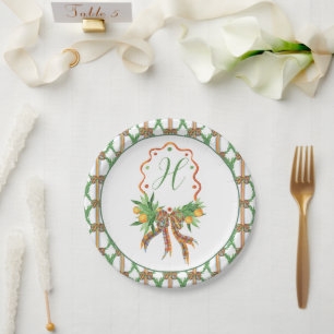 Aquarellfarben Orangen Kariert Bow Weihnachtsmonog Pappteller