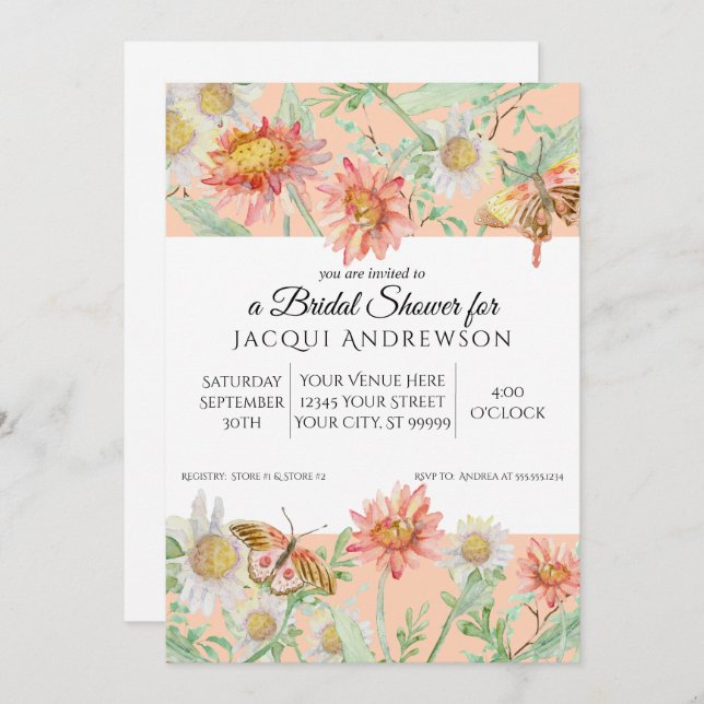 Aquarellfarben Peach Coral Weißes Brautparty Einladung (Vorne/Hinten)