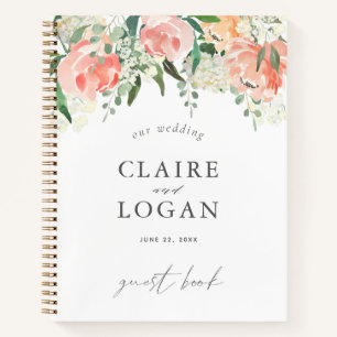 Aquarellfarben Peach Rose Floral Wedding Gästebuch Notizbuch