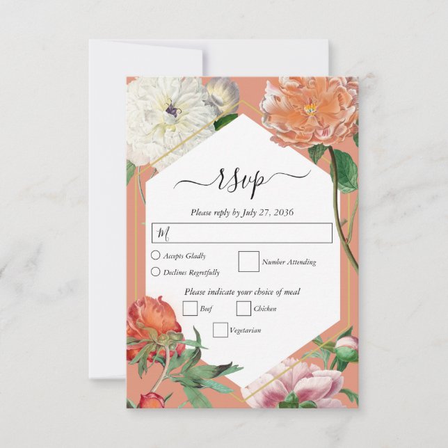 Aquarellfarben Pfirsichrosa Peonies Blume Hochzeit RSVP Karte (Vorderseite)