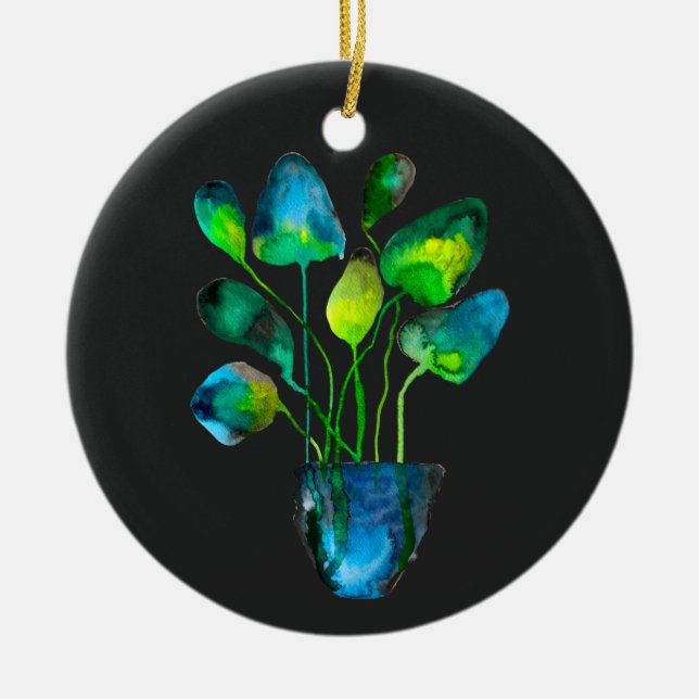 Aquarellfarben Pflanze grün und blau abstrakt Keramik Ornament (Vorne)