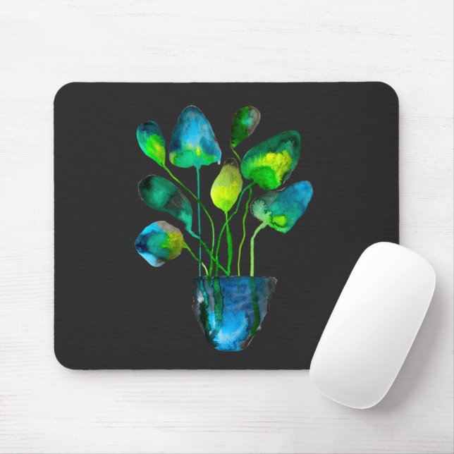 Aquarellfarben Pflanze grün und blau abstrakt Mousepad (Mit Mouse)