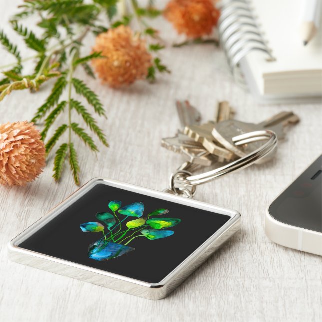 Aquarellfarben Pflanze grün und blau abstrakt Schlüsselanhänger (Seite)