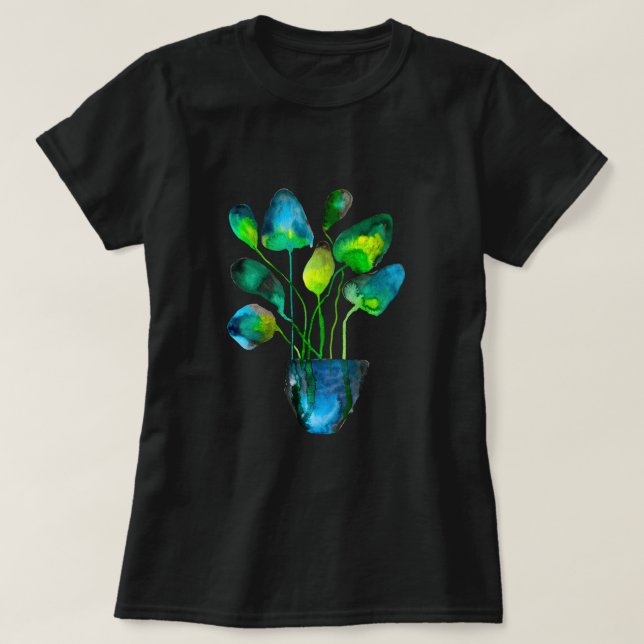 Aquarellfarben Pflanze grün und blau abstrakt T-Shirt (Design vorne)