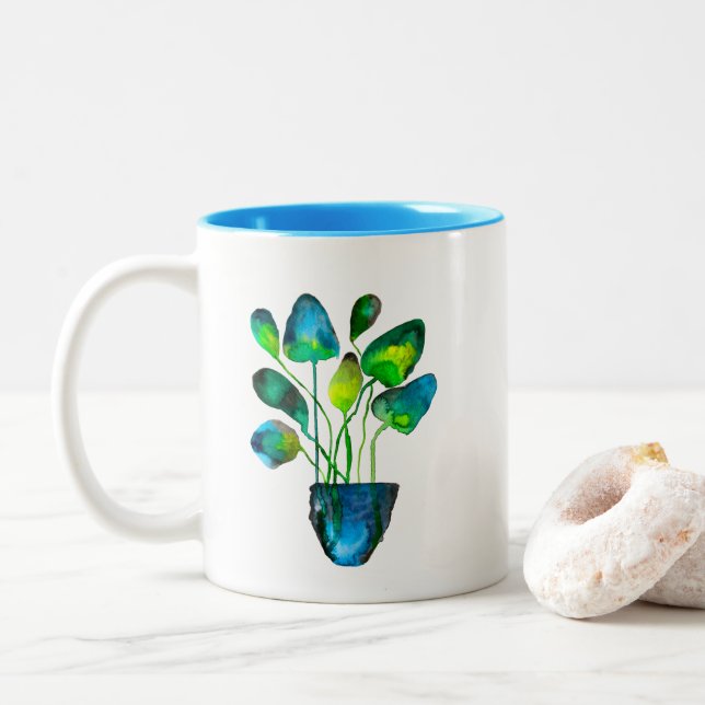 Aquarellfarben Pflanze grün und blau abstrakt Zweifarbige Tasse (Mit Donut)