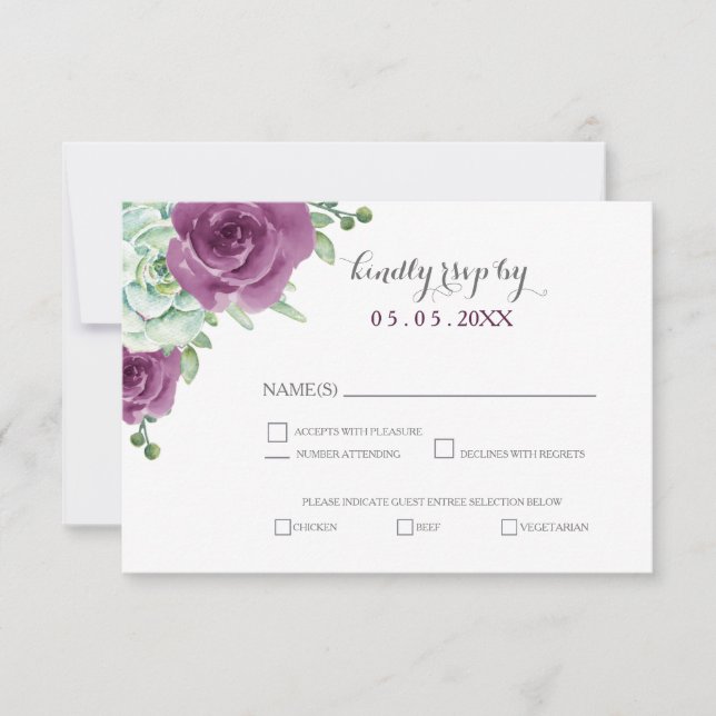 Aquarellfarben-Pflaume-Rose Hochzeit Rsvp Karte (Vorderseite)