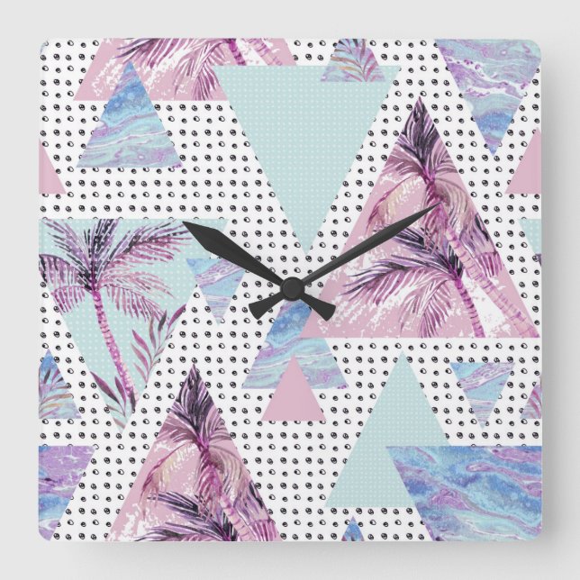 Aquarellfarben Pink & Blue Palm Tree Muster Quadratische Wanduhr (Vorderseite)