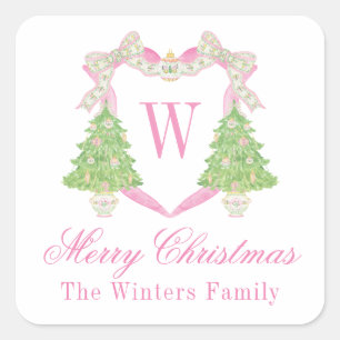 Aquarellfarben Pink & Green Christmas Monogram Wap Quadratischer Aufkleber