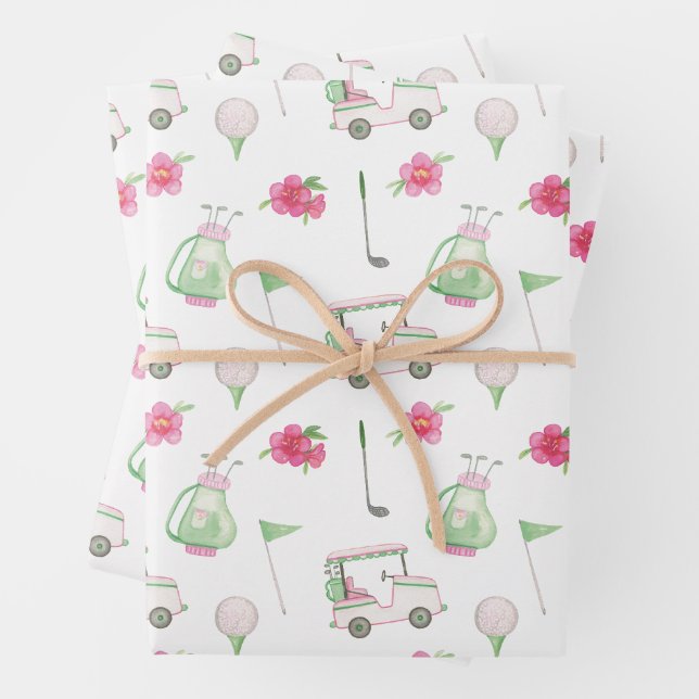 Aquarellfarben Pink & Green Golf Cart Geschenkpapier Set (Beispiel)