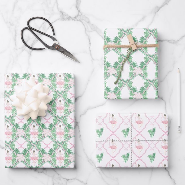 Aquarellfarben Pink & Green Weihnachtsballerinas Geschenkpapier Set (Vorderseite)