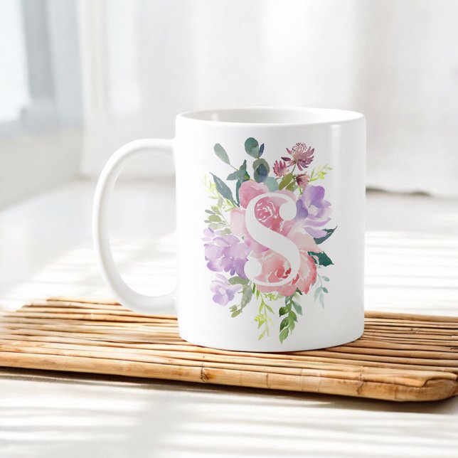 Aquarellfarben Pink Purple Blumen Elegantes Monogr Tasse (Von Creator hochgeladen)