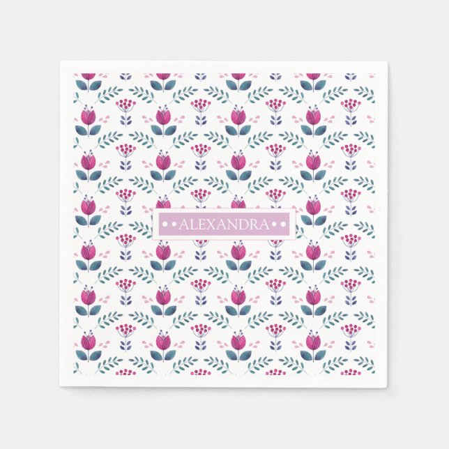Aquarellfarben Pink Tulip Design Monogramm Serviette (Vorderseite)
