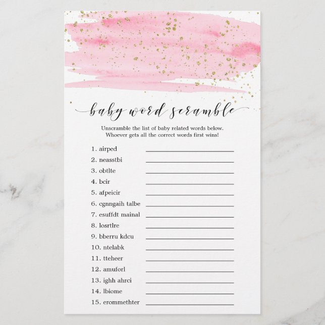 Aquarellfarben Pink und Gold Baby Word Scramble Flyer (Hinten)