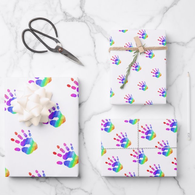 Aquarellfarben Rainbow Handprint Muster Farbenfroh Geschenkpapier Set (Vorderseite)