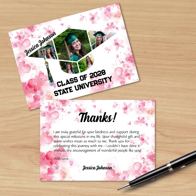 Aquarellfarben Rosa Abschluss Blumenbilder Collage Dankeskarte (Watercolor pink floral graduation thank you card with a photo collage in the shape of a grad cap)