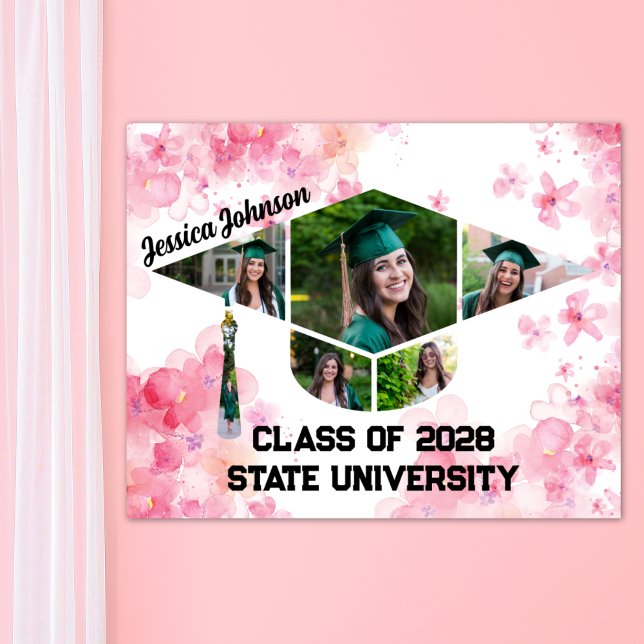 Aquarellfarben Rosa Abschluss Blumenbilder Collage Poster (Watercolor Pink Floral Graduation Photo Collage Poster Print)