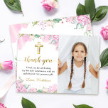 Aquarellfarben Rosa Bläserntes Foto der heiligen K Dankeskarte<br><div class="desc">Foto Wasserfarbe Rosa Floral Erste Heilige Kommune Danke Karte</div>