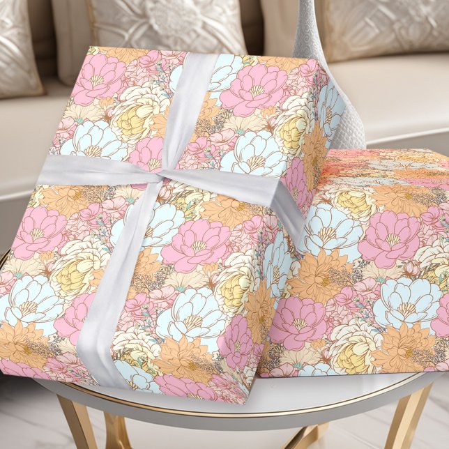 Aquarellfarben Rosa Blau Orange Pastellfarben Must Geschenkpapier (Watercolor Pink Blue Orange Pastel Floral Pattern Wrapping Paper)