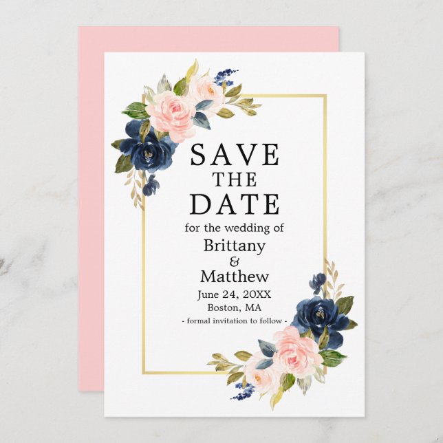 Aquarellfarben Rosa Blau Rose Gold Rahmen Save The Date (Vorne/Hinten)