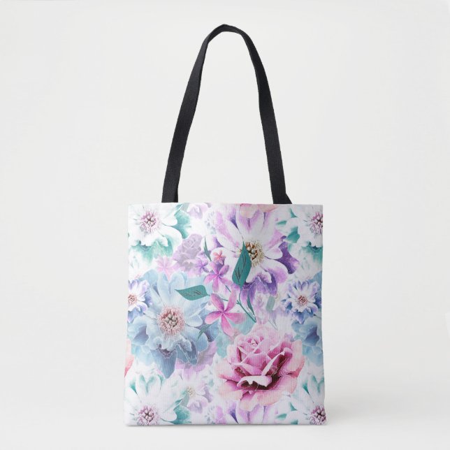 Aquarellfarben, rosa, blaue Blumen. (Vorderseite)