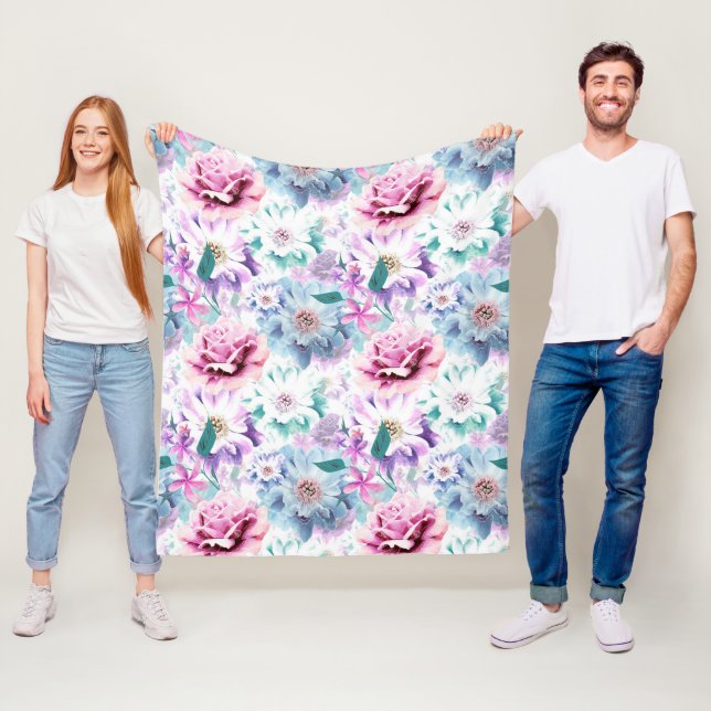 Aquarellfarben, rosa, blaue Blumen. Fleecedecke (Beispiel)