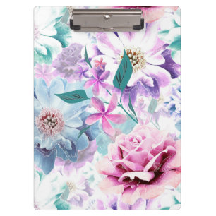 Aquarellfarben, rosa, blaue Blumen. Klemmbrett
