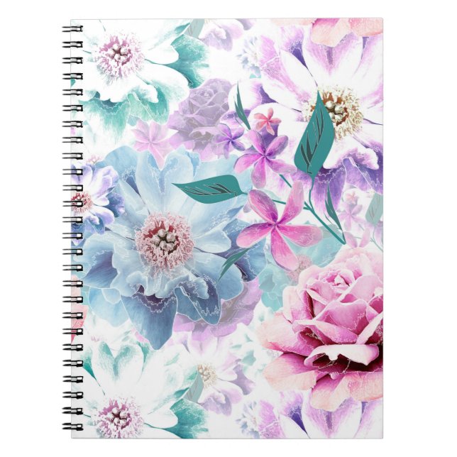 Aquarellfarben, rosa, blaue Blumen. Notizblock (Vorderseite)