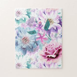 Aquarellfarben, rosa, blaue Blumen. Puzzle