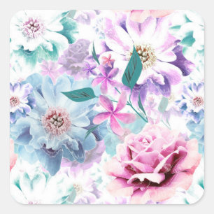 Aquarellfarben, rosa, blaue Blumen. Quadratischer Aufkleber